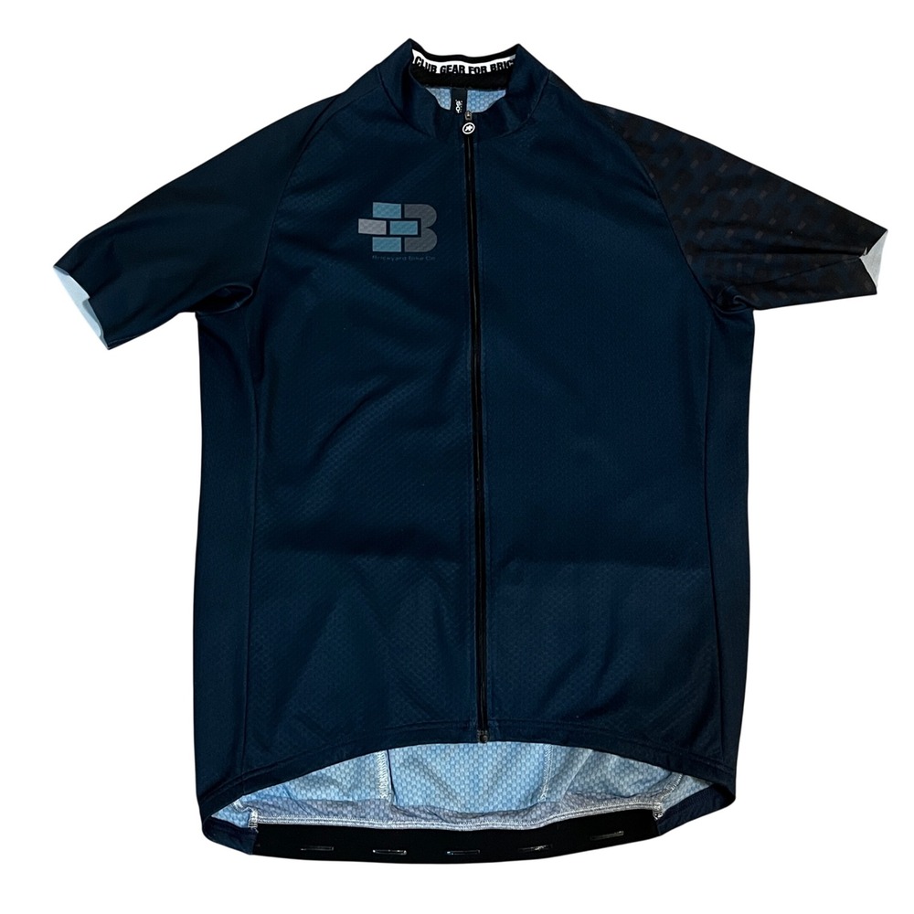 Assos of Switzerland Mens XL Brickyard Bike Co Cycling Jersey Navy Blue Full Zip